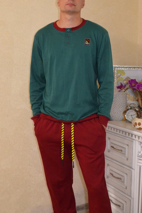 Пижама мужская Lans с длинным рукавом и брюками, размер M, bordo-green
