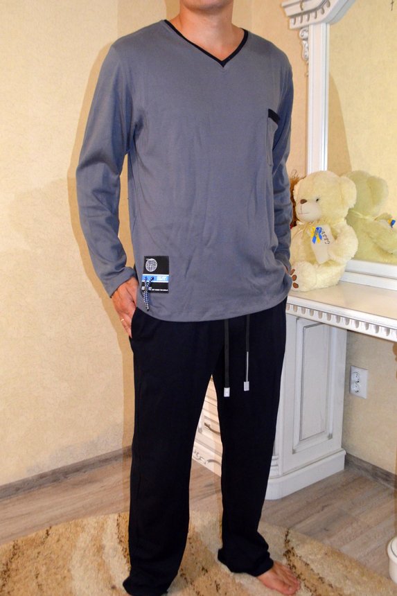 Пижама мужская Lans с длинным рукавом и брюками, размер M, grey темный